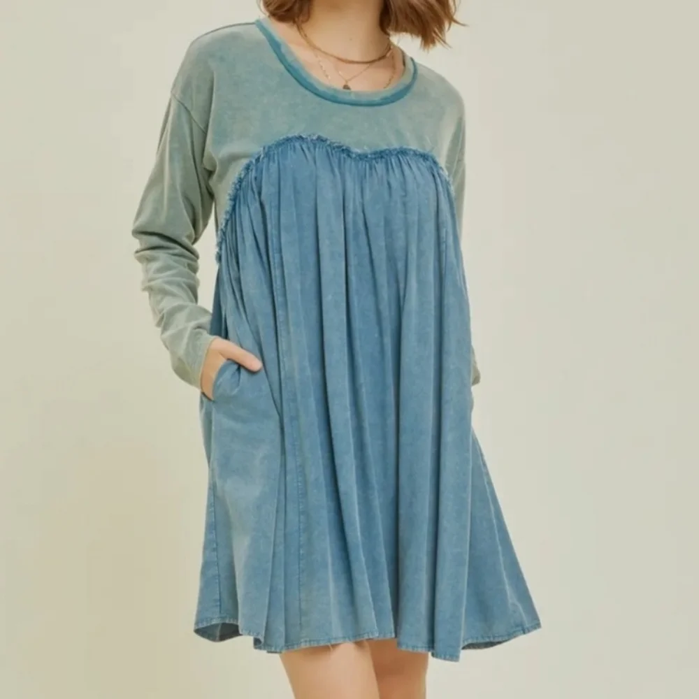 1XL NWT HEYSON Chambray/Grn Mineral Wash Dress 25.5ptp 36.5Long 2 Pockets SOFT! - Picture 3 of 16